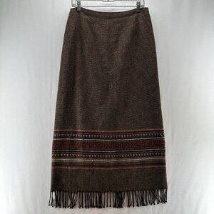 T.Garment Skirt Size 10 Wool Blend Southwestern Pencil Straight Fringed Brown